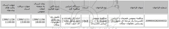 مناقصه عمومی همزمان با ارزیابی (فشرده) یک مرحله ای تکمیل راه روستایی دهکهان -بجگان