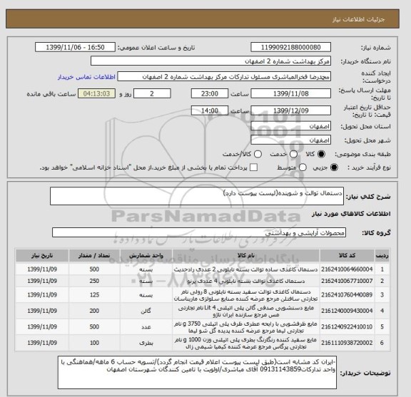 استعلام دستمال توالت و شوینده(لیست پیوست دارد)