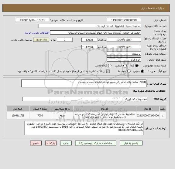 استعلام 7000 اصله نهال بادام رقم سوپر نوا به تفکیک لیست پیوست