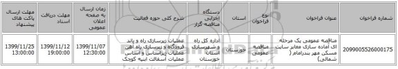 مناقصه عمومی یک مرحله ای آماده سازی معابر سایت مسکن مهر بندرامام ( شمالی)