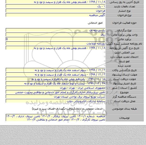 تامین نیرو برقکار٬اداری٬کارگری و انجام امور خدماتی و نظافتی بصورت حجمی