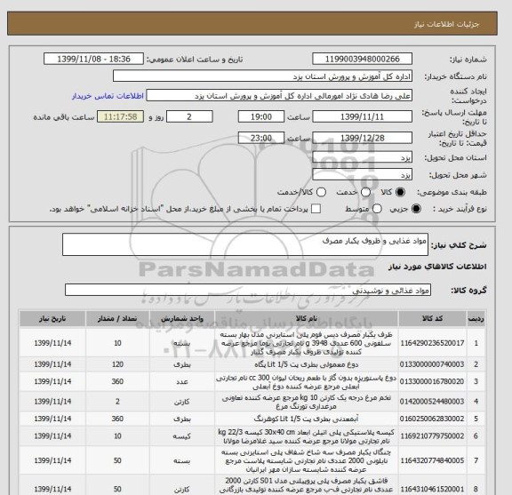 استعلام مواد غذایی و ظروف یکبار مصرف