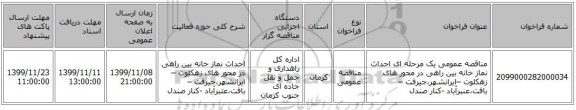 مناقصه عمومی یک مرحله ای احداث نماز خانه بین راهی در محور های زهکلوت –ایرانشهر،جیرفت – بافت،عنبرآباد -کنار صندل