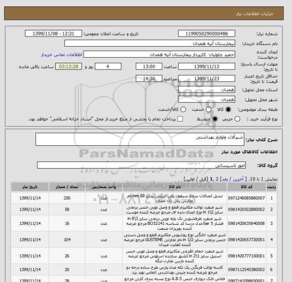 استعلام شیرآلات ولوازم بهداشتی