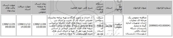 مناقصه عمومی یک مرحله ای عملیات احداث تجهیزات اندازه گیری و ترمیم تاسیسات شبکه آبیاری دالکی شهرستان دشتستان