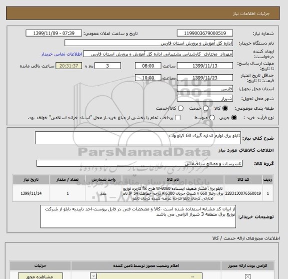 استعلام تابلو برق لوازم اندازه گیری 60 کیلو وات