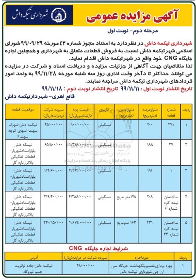 مزایده عمومی, مزایده فروش قطعات و اجاره جایگاه CNG - مرحله دوم نوبت اول 