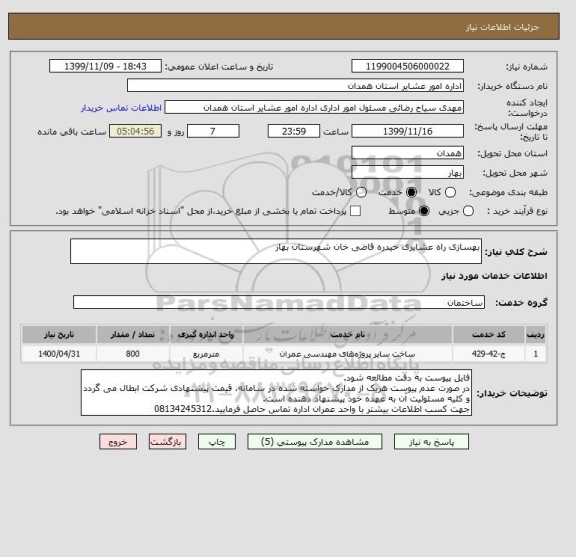 استعلام بهسازی راه عشایری حیدره قاضی خان شهرستان بهار