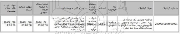 مناقصه عمومی یک مرحله ای تهیه ، حمل ، باراندازی و تحویل الکتروموتور و پمپ های فشار قوی ایستگاه های پمپاژ خط اصلی