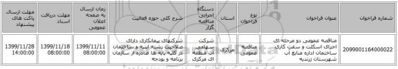 مناقصه عمومی دو مرحله ای اجرای اسکلت و سفت کاری ساختمان اداره منابع آب شهرستان زرندیه 