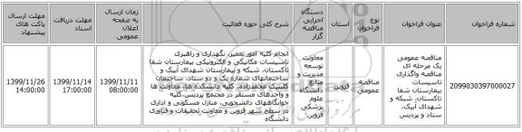 مناقصه عمومی یک مرحله ای مناقصه واگذاری تاسیسات بیمارستان شفا تاکستان، شبکه و شهدای آبیک، ستاد و پردیس