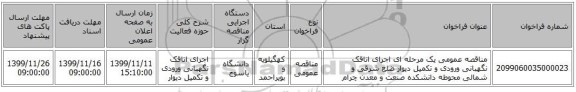 مناقصه عمومی یک مرحله ای اجرای اتاقک نگهبانی  ورودی و تکمیل دیوار ضلع شرقی و شمالی محوطه دانشکده صنعت و معدن چرام