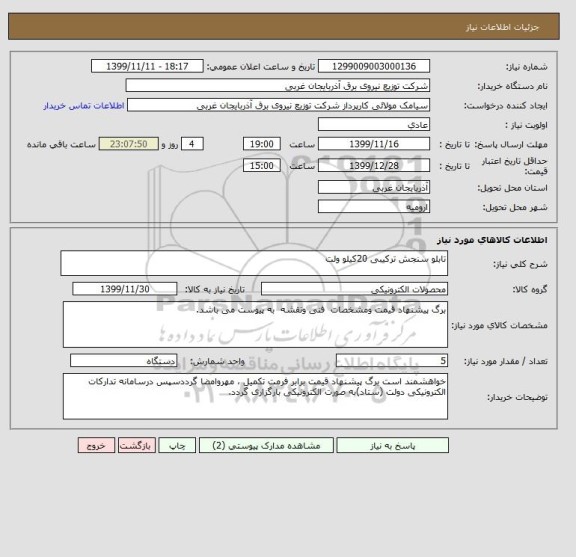 استعلام تابلو سنجش ترکیبی 20کیلو ولت