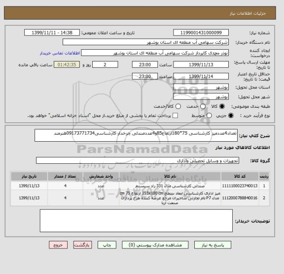 استعلام تعداد4عددمیز کارشناسی 75*180ارتفاع85و4عددصندلی چرخدار کارشناسی09173771734هنرمند