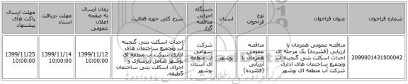 مناقصه عمومی همزمان با ارزیابی (فشرده) یک مرحله ای احداث اسکلت بتنی گنجینه آب وتجمیع ساختمان های اداری شرکت آب منطقه ای بوشهر