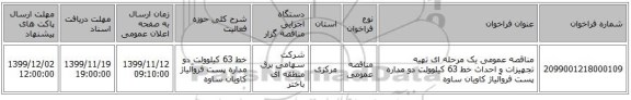 مناقصه عمومی یک مرحله ای تهیه تجهیزات و احداث خط 63 کیلوولت دو مداره پست فروآلیاژ کاویان ساوه