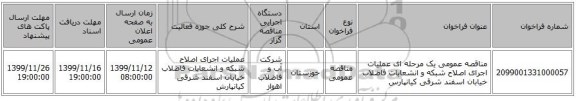 مناقصه عمومی یک مرحله ای عملیات اجرای اصلاح شبکه و انشعابات فاضلاب خیابان اسفند شرقی کیانپارس