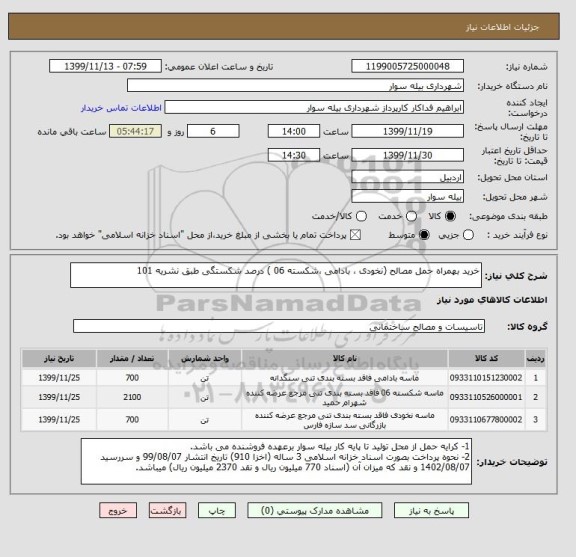 استعلام خرید بهمراه حمل مصالح (نخودی ، بادامی ،شکسته 06 ) درصد شکستگی طبق نشریه 101 