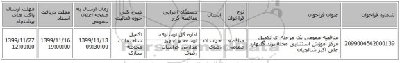 مناقصه عمومی یک مرحله ای تکمیل مرکز آموزش استثنایی محله پرند گلبهار-علی اکبر شالچیان   