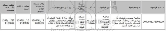 مناقصه عمومی همزمان با ارزیابی (فشرده) یک مرحله ای نگهداری و احداث فضای سبز در شهر جدید گلبهار