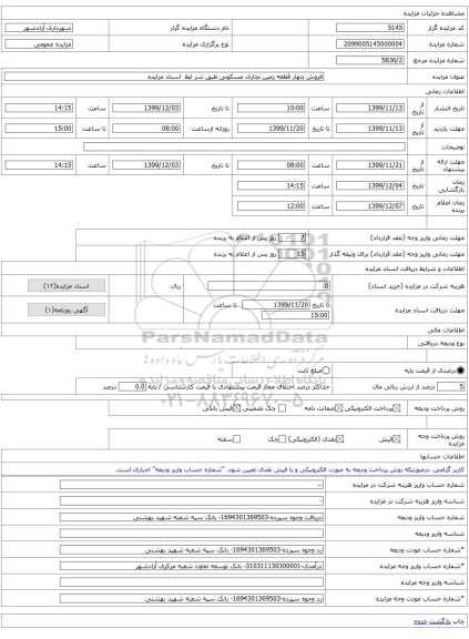 فروش چهار قطعه زمین تجاری مسکونی طبق شر ایط  اسناد مزایده 