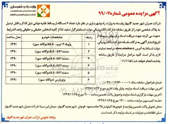 مزایده تعداد 6 دستگاه از وسائط نقلیه دولتی 