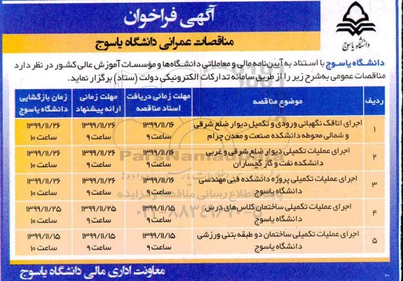 فراخوان،فراخوان اجرای اتاقک نگهبانی ورودی و تکمیل دیوار ضلع شرقی و شمالی و ...