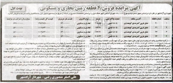 مزایده،مزایده فروش 4 قطعه زمین تجاری و مسکونی نوبت اول 