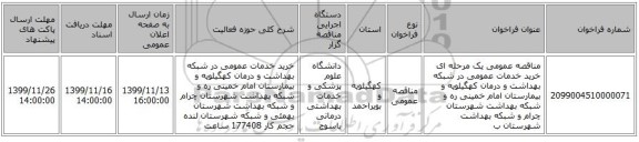 مناقصه عمومی یک مرحله ای خرید خدمات عمومی در شبکه بهداشت و درمان کهگیلویه و بیمارستان امام خمینی ره و شبکه بهداشت شهرستان چرام و شبکه بهداشت شهرستان ب