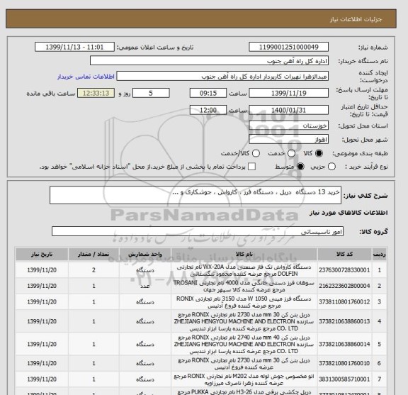 استعلام خرید 13 دستگاه  دریل ، دستگاه فرز ، کارواش ، جوشکاری و ...