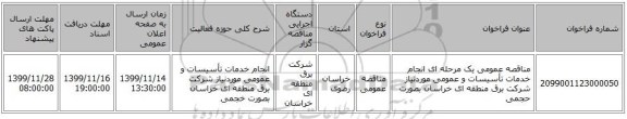 مناقصه عمومی یک مرحله ای انجام خدمات تأسیسات و عمومی موردنیاز شرکت برق منطقه ای خراسان بصورت حجمی