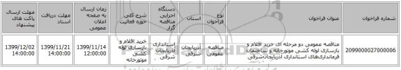 مناقصه عمومی دو مرحله ای خرید اقلام و بازسازی لوله کشی موتورخانه و ساختمان فرمانداری‌های استانداری آذربایجان‌شرقی