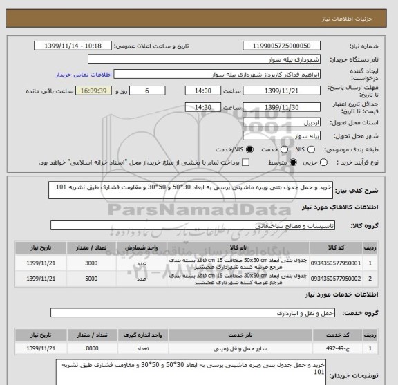 استعلام خرید و حمل جدول بتنی ویبره ماشینی پرسی به ابعاد 30*50 و 50*30 و مقاومت فشاری طیق نشریه 101