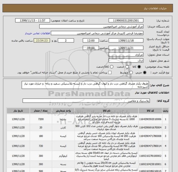 استعلام ظروف یکبار مصرف گیاهی درب دار و لیوان گیاهی درب دار و کیسه پلاستیکی سفید و زباله  و خیاری مورد نیاز آشپزخانه 