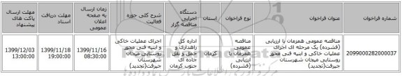 مناقصه عمومی همزمان با ارزیابی (فشرده) یک مرحله ای اجرای عملیات خاکی و ابنیه فنی محور روستایی میجان شهرستان جیرفت(تجدید)