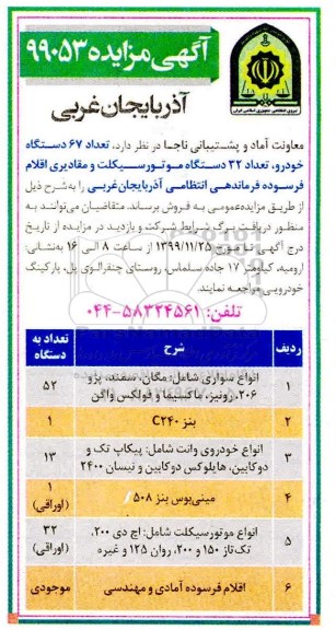 مزایده ,مزایده تعداد 67 دستگاه خودرو، تعداد 23 دستگاه موتور سیکلت