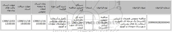 مناقصه عمومی همزمان با ارزیابی (فشرده) یک مرحله ای تکمیل و آسفالت راه های روستایی شهرستان منوجان و کهنوج