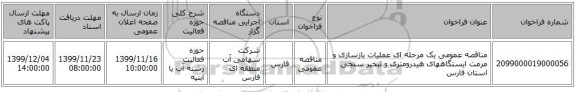 مناقصه عمومی یک مرحله ای عملیات بازسازی و مرمت ایستگاههای هیدرومتری و تبخیر سنجی استان فارس