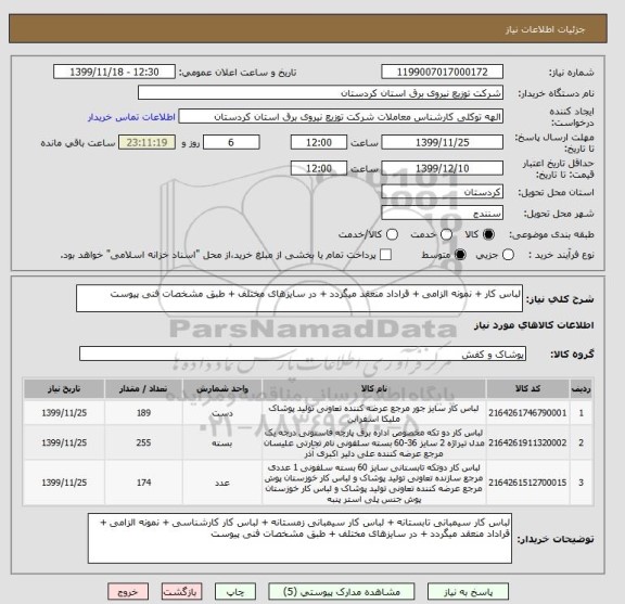 استعلام لباس کار + نمونه الزامی + قراداد منعقد میگردد + در سایزهای مختلف + طبق مشخصات فنی پیوست