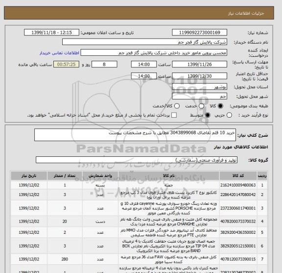 استعلام خرید 10 قلم تقاضای 3043899068 مطابق با شرح مشخصات پیوست