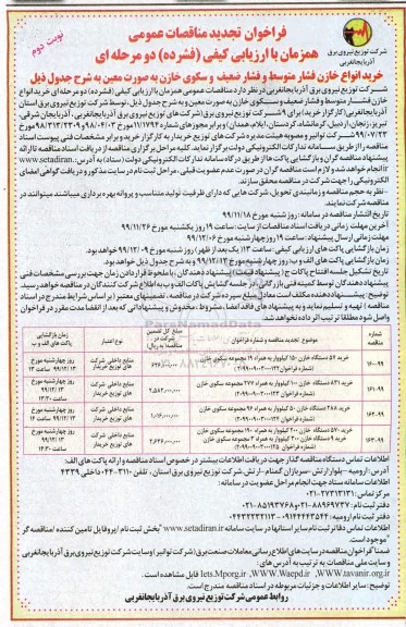 فراخوان تجدید مناقصه خرید 57 دستگاه خازن 150 کیلووار - نوبت دوم 