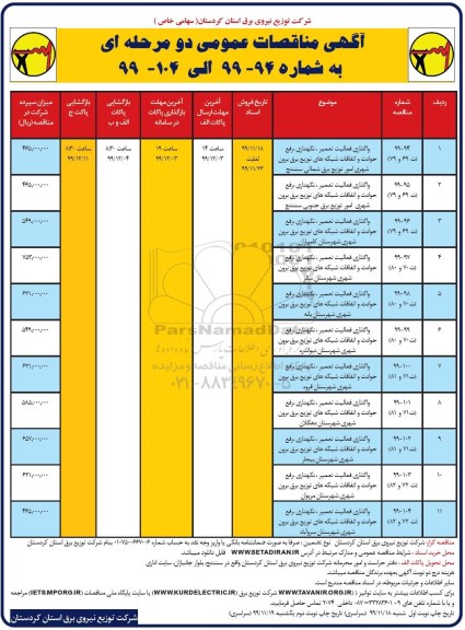 مناقصه، مناقصه واگذاری فعالیت تعمیر، نگهداری، رفع حوادث و اتفاقات شبکه های توزیع برق برون شهری... - نوبت دوم 