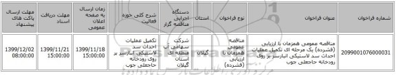 مناقصه عمومی همزمان با ارزیابی (فشرده) یک مرحله ای تکمیل عملیات احداث سد لاستیکی انبارسر بر روی رودخانه حاجعلی جوب