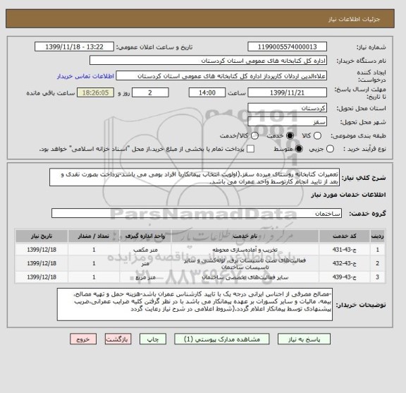 استعلام تعمیرات کتابخانه روستای میرده سقز.(اولویت انتخاب پیمانکاربا افراد بومی می باشد-پرداخت بصورت نقدی و بعد از تایید انجام کارتوسط واحد عمران می باشد.