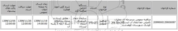 مناقصه عمومی دو مرحله ای عملیات تکمیلی خط انتقال آب ایستگاه پمپاژ چم کوشک شهرستان کوهدشت