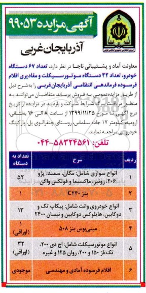 مزایده تعداد 67 دستگاه خودرو ، تعداد 32 دستگاه موتور سیکلت