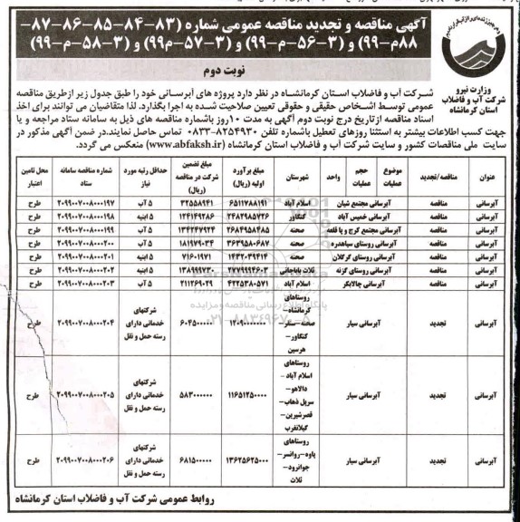 مناقصه پروژه های آبرسانی تجدید- نوبت دوم 