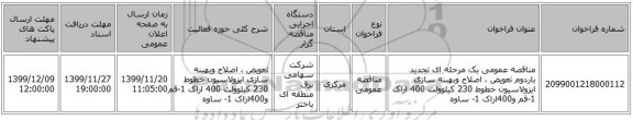 مناقصه عمومی یک مرحله ای تجدید باردوم تعویض ، اصلاح وبهبنه سازی ایزولاسیون خطوط 230 کیلوولت 400 اراک 1-قم و400اراک 1- ساوه 