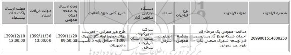 مناقصه عمومی یک مرحله ای احداث شبکه توزیع گاز رسانی در فاز توسعه شهرک صنعتی بناب - طرح غیر عمرانی