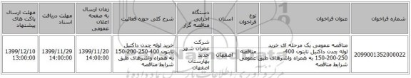 مناقصه عمومی یک مرحله ای خرید لوله چدن داکتیل تایتون 400-250-200-150 به همراه واشرهای طبق شرایط مناقصه